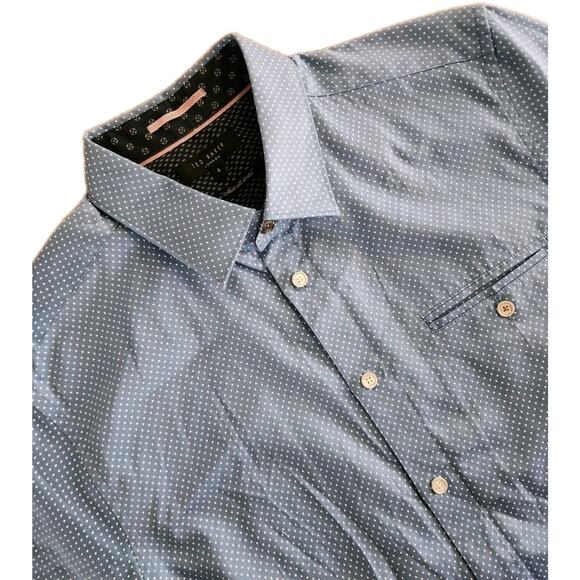 Ted Baker Other - Ted Baker Short Sleeve Blue White Polka Dot Button Up Shirt Stretch Casual Sz 4